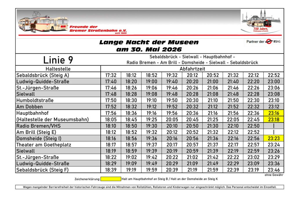 Aushangfahrplan der historischen Straßennbahn Linie 9
