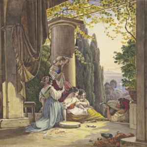 Friedrich Nerly, Italienische Terrasse mit Mädchen und Lautenspieler (Haarflechten in Mola di Gaeta), 1838
