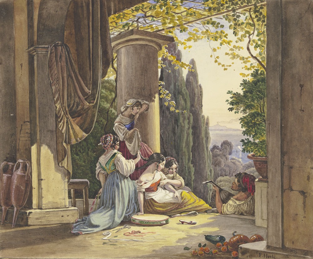 Friedrich Nerly, Italienische Terrasse mit Mädchen und Lautenspieler (Haarflechten in Mola di Gaeta), 1838