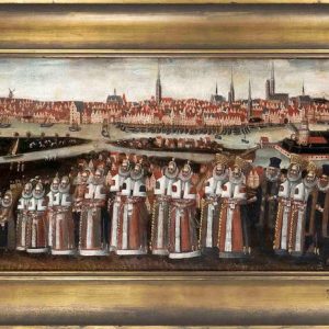 historisches Ölgemälde eines Hochzeitszuges. Im Hintergrund ist die mittelalterliche Kulisse der Bremer Altstadt zu sehen.