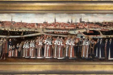 historisches Ölgemälde eines Hochzeitszuges. Im Hintergrund ist die mittelalterliche Kulisse der Bremer Altstadt zu sehen.