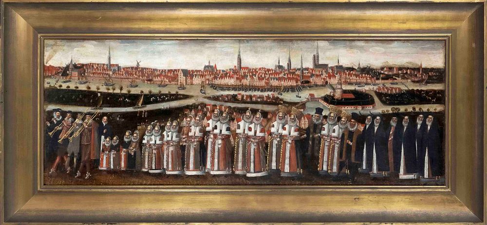 historisches Ölgemälde eines Hochzeitszuges. Im Hintergrund ist die mittelalterliche Kulisse der Bremer Altstadt zu sehen.