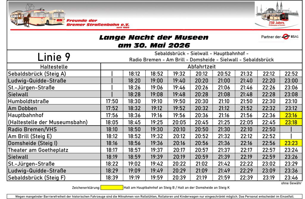 Aushangfahrplan der historischen Straßennbahn Linie 9
